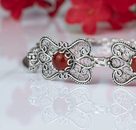 Filigree Art Carnelian Gemstone Women Butterfly Silver Link Bracelet - Drakoi Marketplace