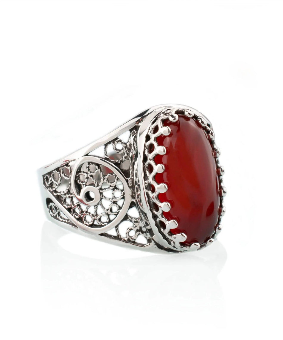 Filigree Art Carnelian Gemstone Women Oval Silver Cocktail Ring - Drakoi Marketplace