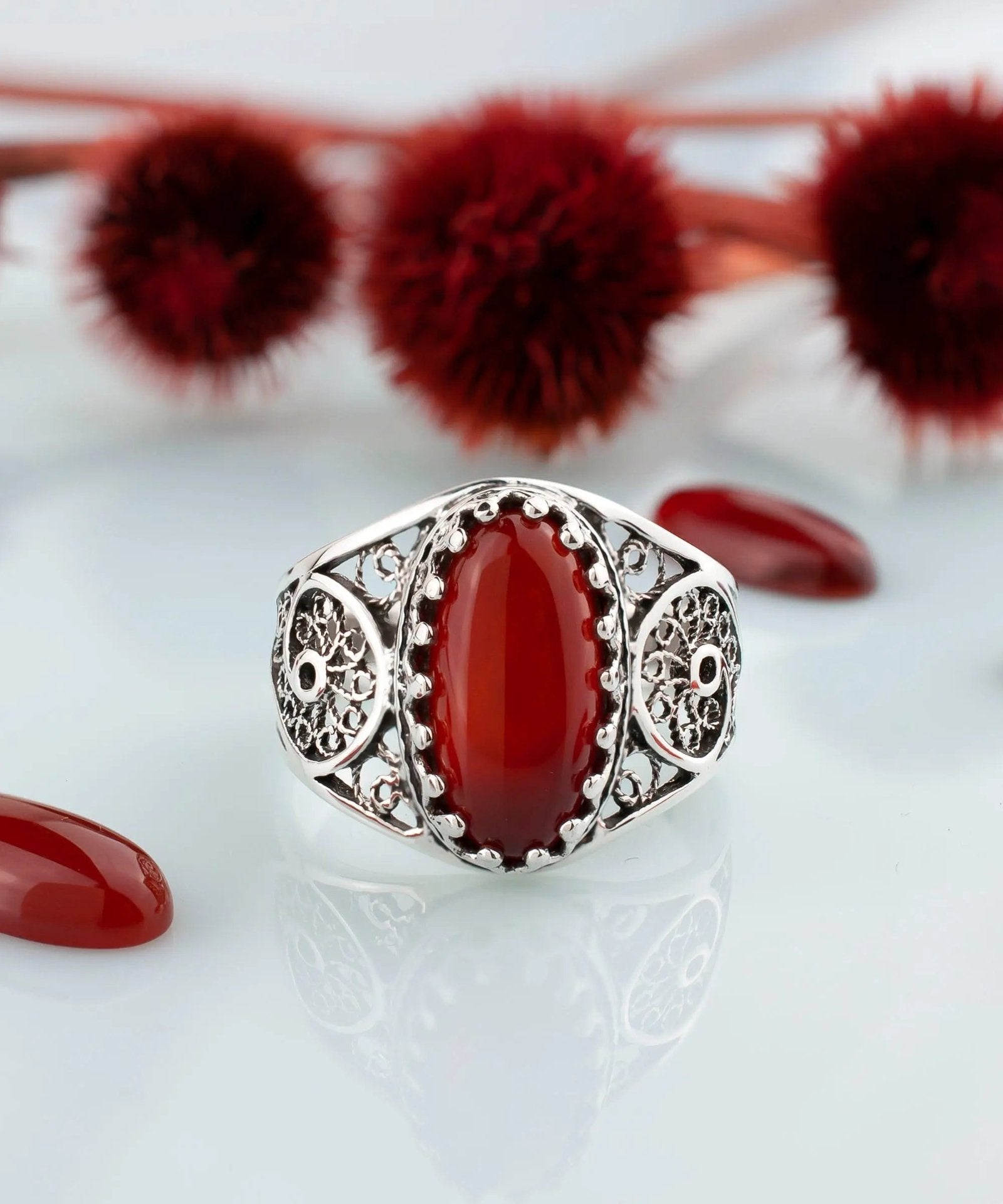 Filigree Art Carnelian Gemstone Women Oval Silver Cocktail Ring - Drakoi Marketplace