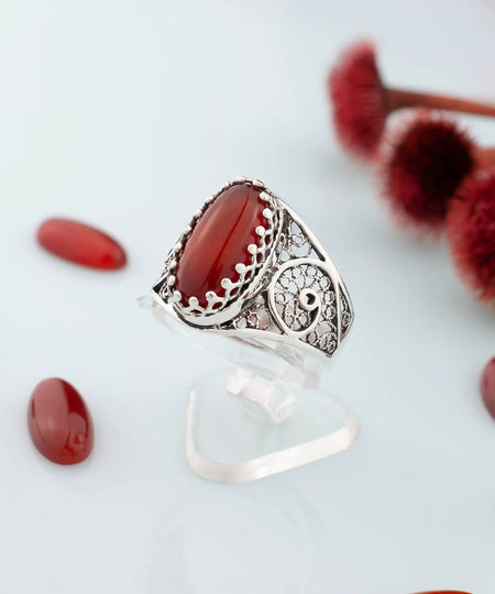 Filigree Art Carnelian Gemstone Women Oval Silver Cocktail Ring - Drakoi Marketplace