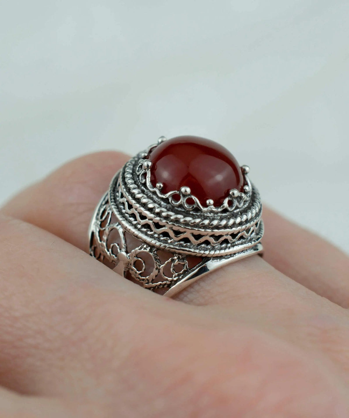 Filigree Art Carnelian Gemstone Women Silver Bold Ring - Drakoi Marketplace