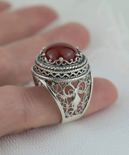 Filigree Art Carnelian Gemstone Women Silver Bold Ring - Drakoi Marketplace