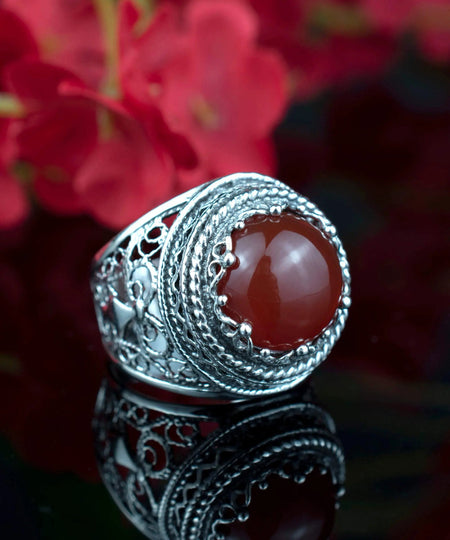 Filigree Art Carnelian Gemstone Women Silver Bold Ring - Drakoi Marketplace