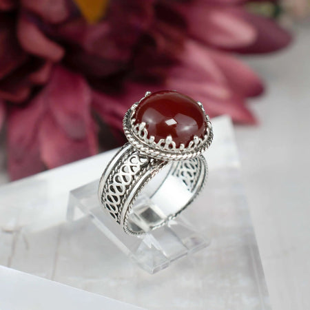 Filigree Art Carnelian Gemstone Women Silver Cocktail Ring - Drakoi Marketplace