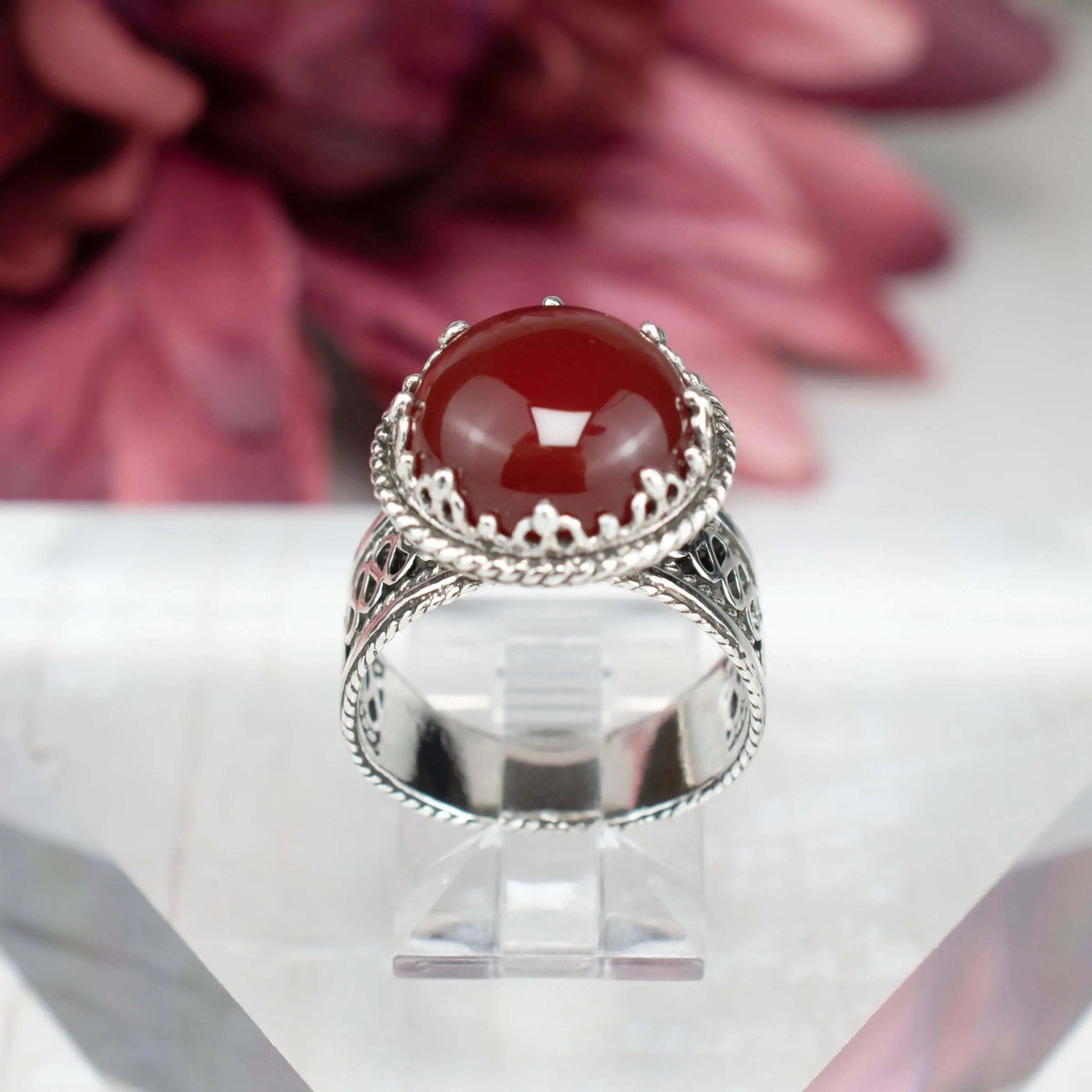 Filigree Art Carnelian Gemstone Women Silver Cocktail Ring - Drakoi Marketplace