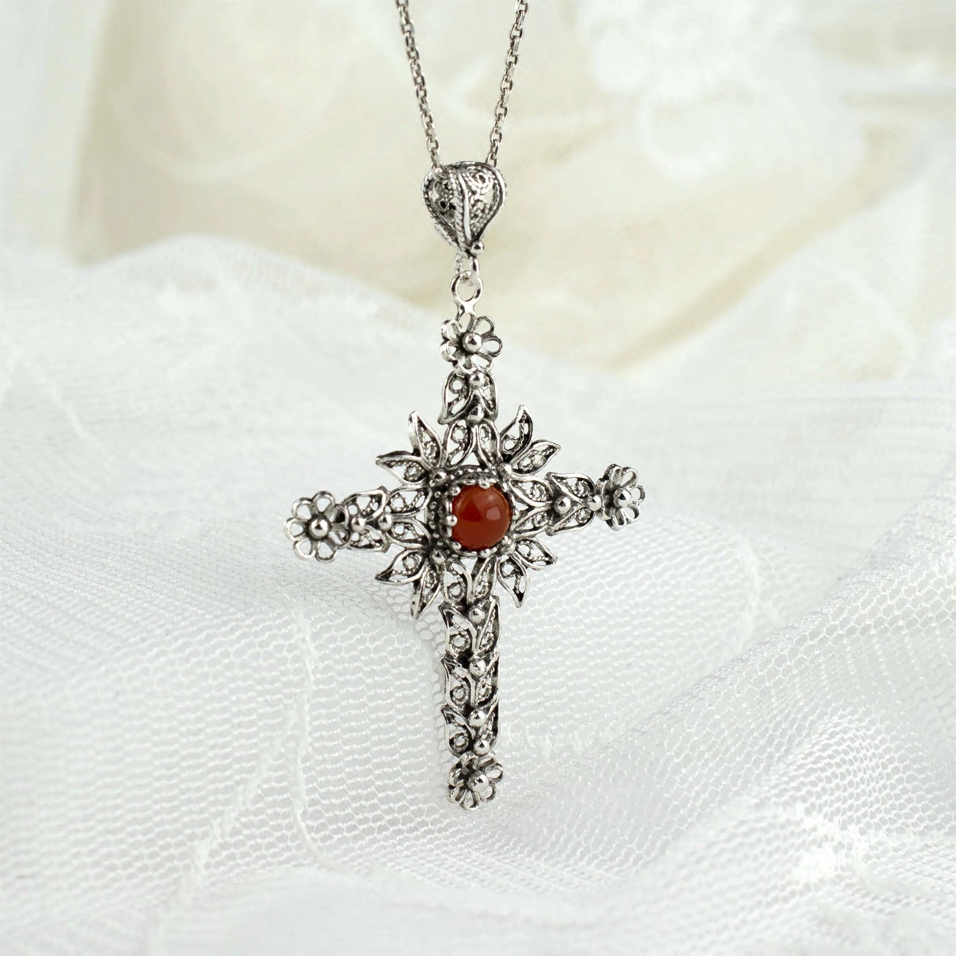 Filigree Art Carnelian Gemstone Women Silver Cross Pendant Necklace - Drakoi Marketplace