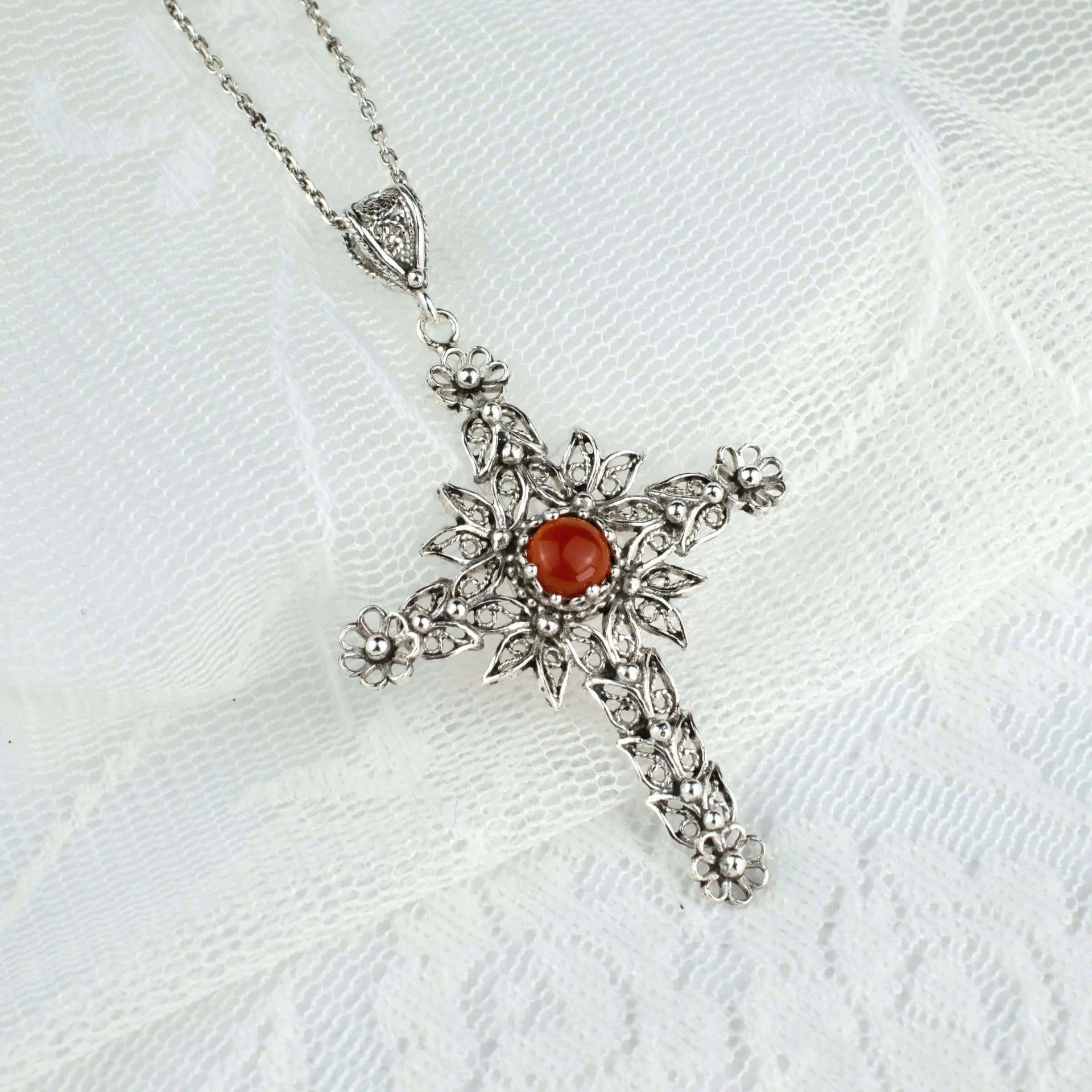 Filigree Art Carnelian Gemstone Women Silver Cross Pendant Necklace - Drakoi Marketplace