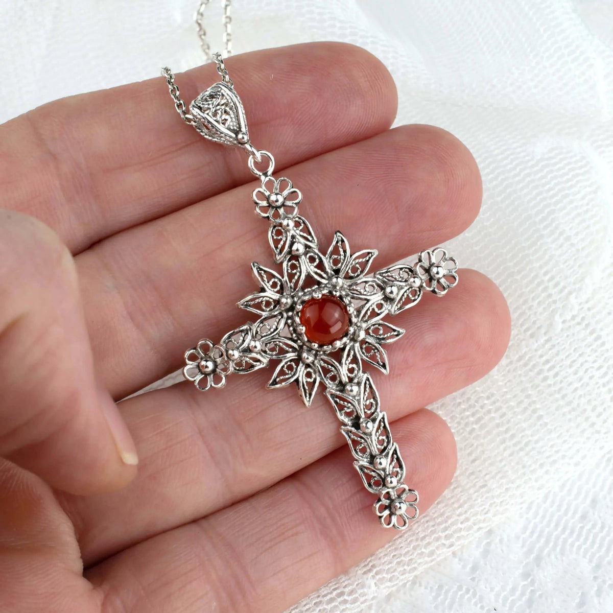 Filigree Art Carnelian Gemstone Women Silver Cross Pendant Necklace - Drakoi Marketplace