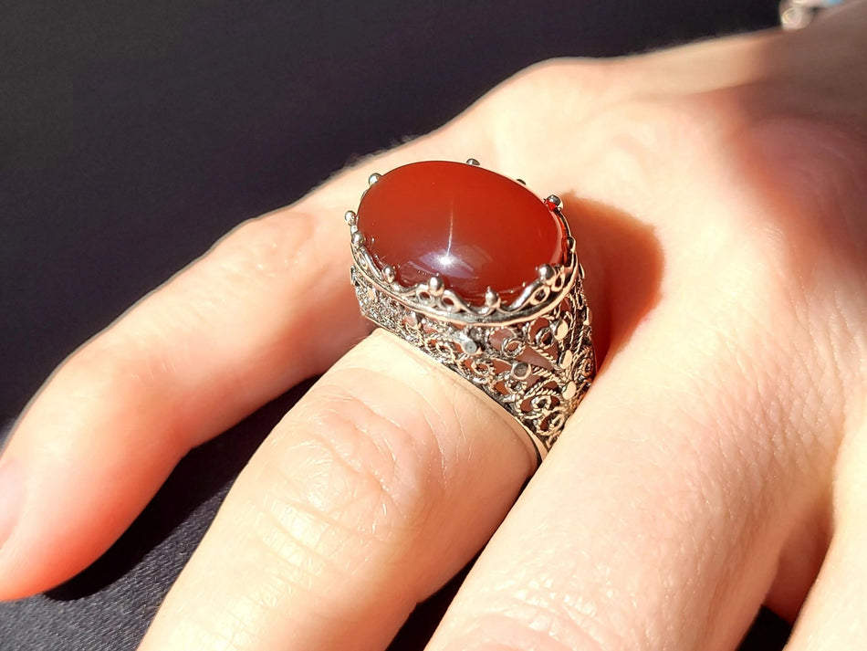 Filigree Art Carnelian Gemstone Women Silver Dome Statement Ring - Drakoi Marketplace