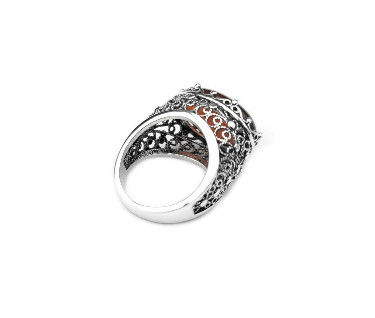 Filigree Art Carnelian Gemstone Women Silver Dome Statement Ring - Drakoi Marketplace