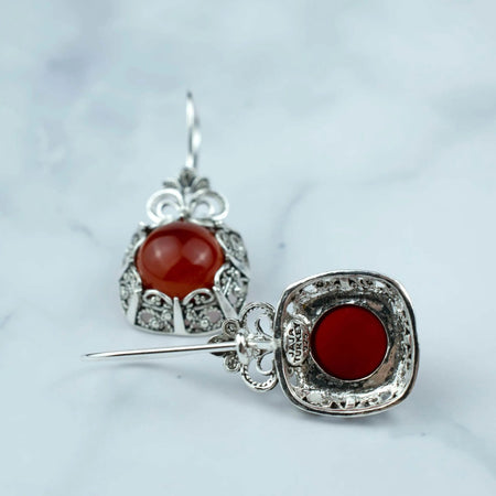 Filigree Art Carnelian Gemstone Women Silver Drop Earrings - Drakoi Marketplace