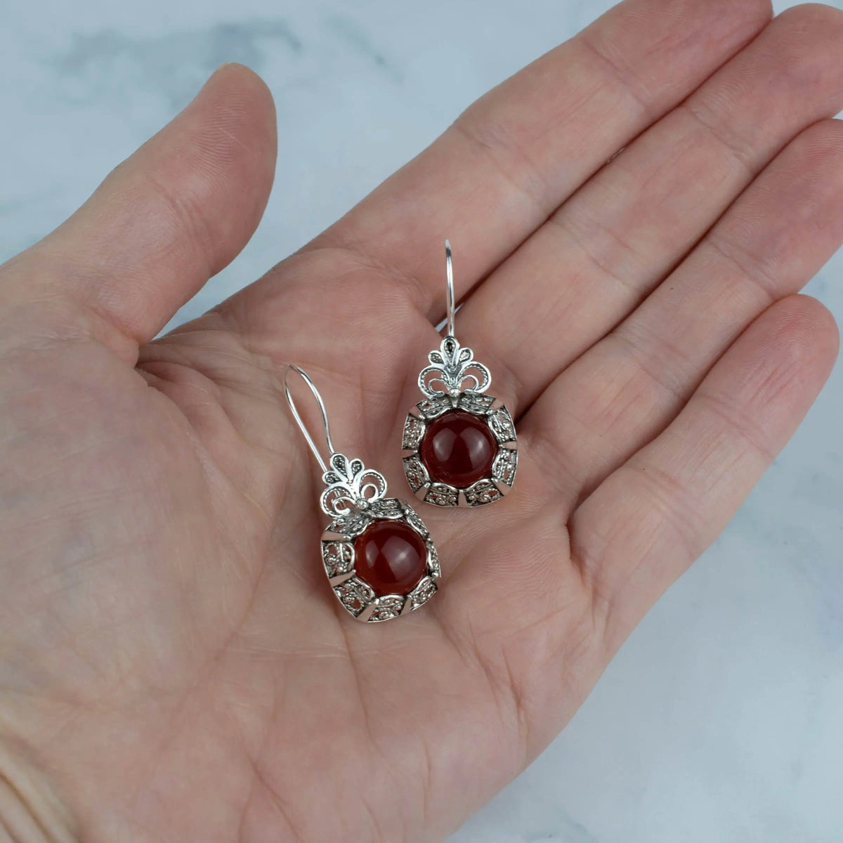 Filigree Art Carnelian Gemstone Women Silver Drop Earrings - Drakoi Marketplace