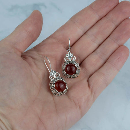 Filigree Art Carnelian Gemstone Women Silver Drop Earrings - Drakoi Marketplace