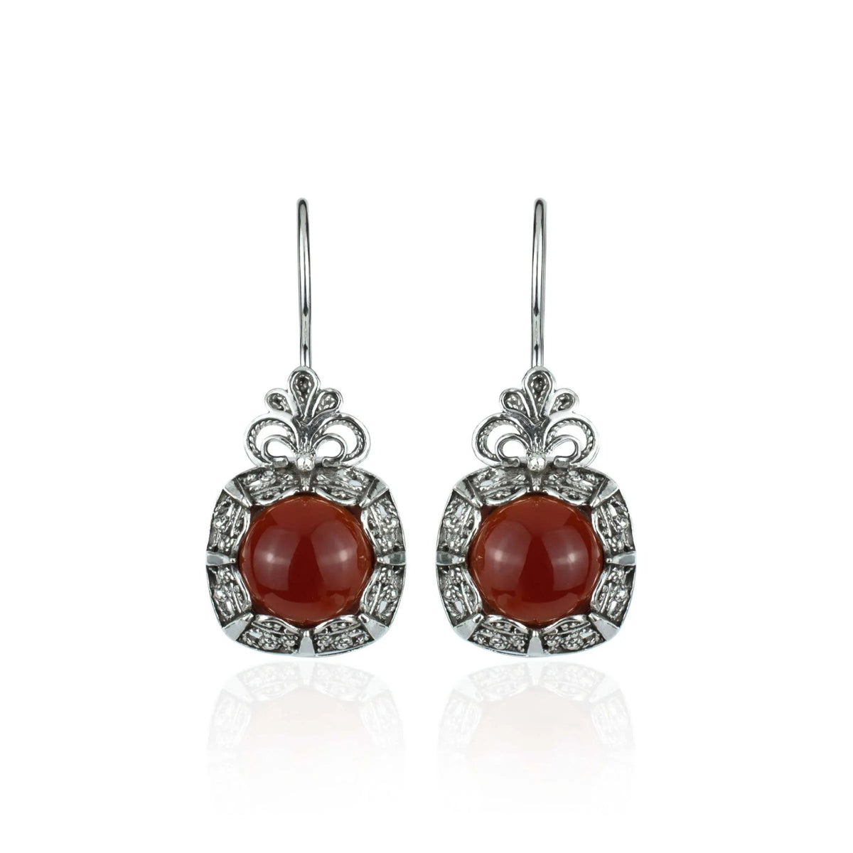 Filigree Art Carnelian Gemstone Women Silver Drop Earrings - Drakoi Marketplace