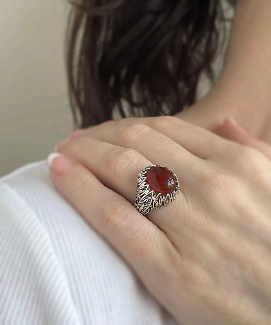 Filigree Art Carnelian Gemstone Women Silver Statement Ring - Drakoi Marketplace