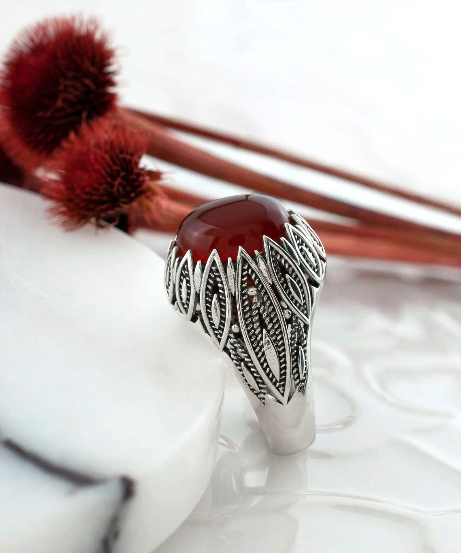 Filigree Art Carnelian Gemstone Women Silver Statement Ring - Drakoi Marketplace