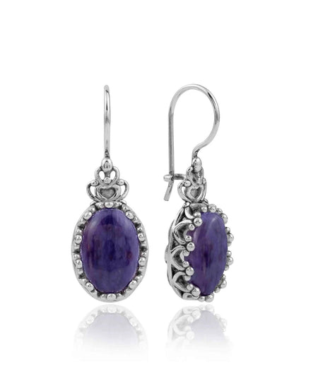 Filigree Art Charoite Gemstone Crown Figured Women Silver Oval Drop Earrings - Drakoi Marketplace