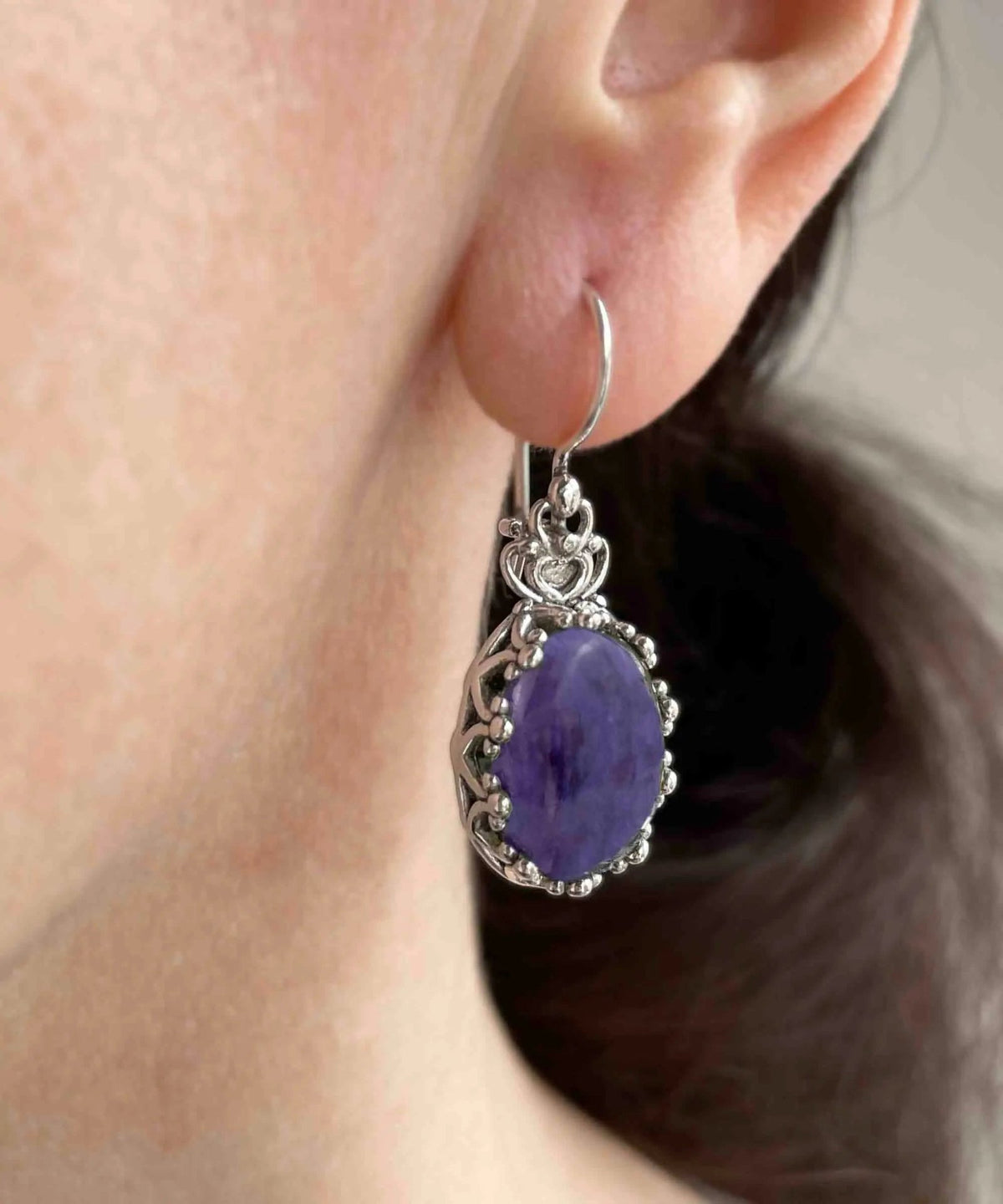 Filigree Art Charoite Gemstone Crown Figured Women Silver Oval Drop Earrings - Drakoi Marketplace