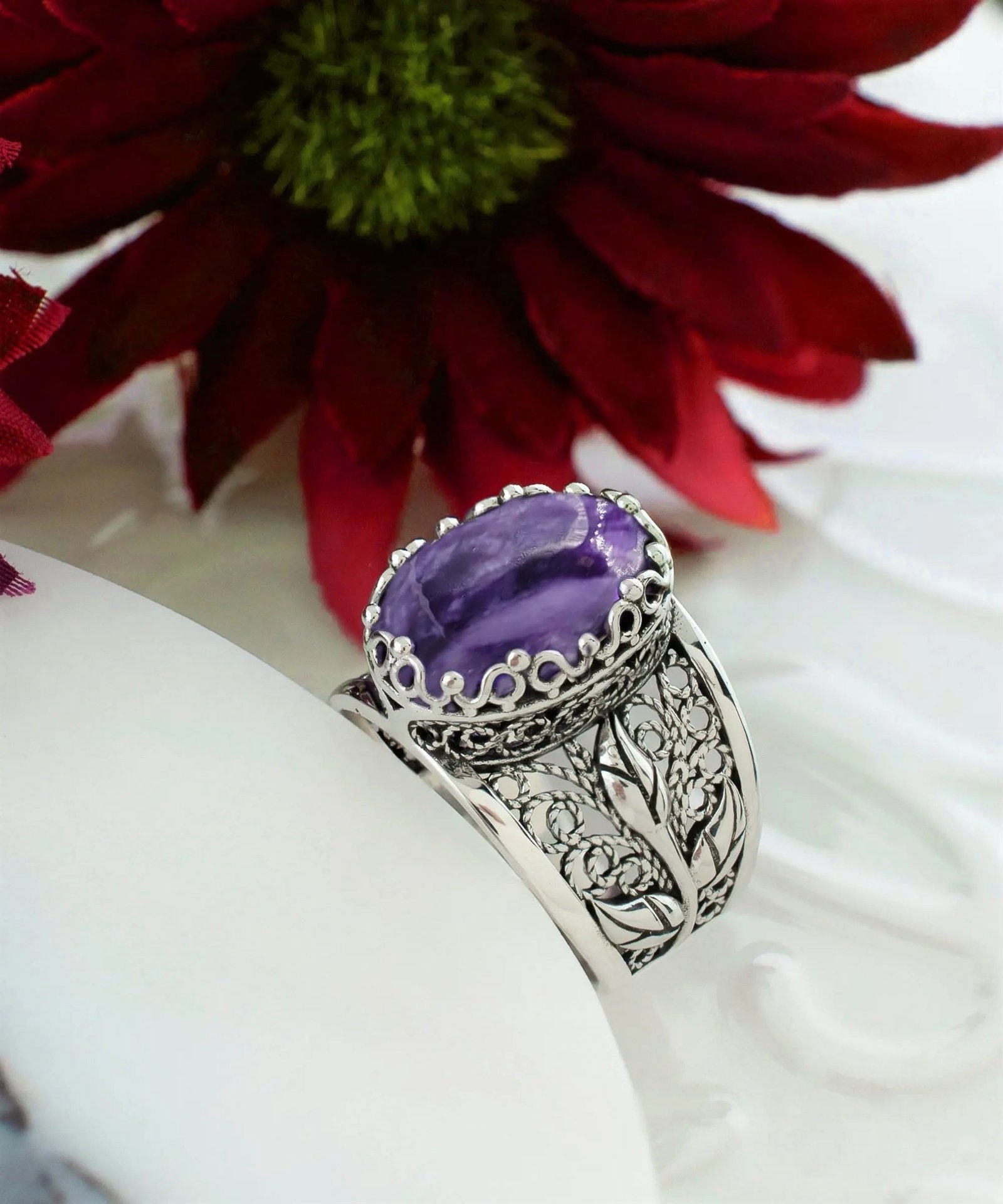 Filigree Art Charoite Gemstone Tulip Detailed Silver Women Statement Ring - Drakoi Marketplace