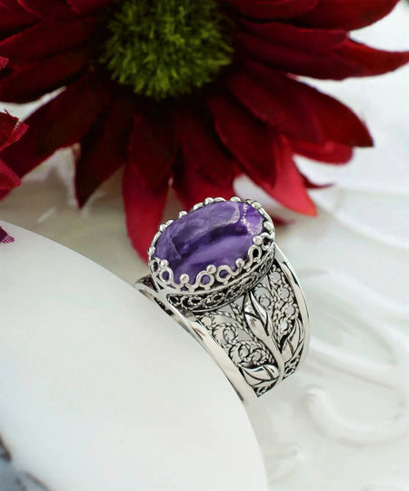 Filigree Art Charoite Gemstone Tulip Detailed Silver Women Statement Ring - Drakoi Marketplace