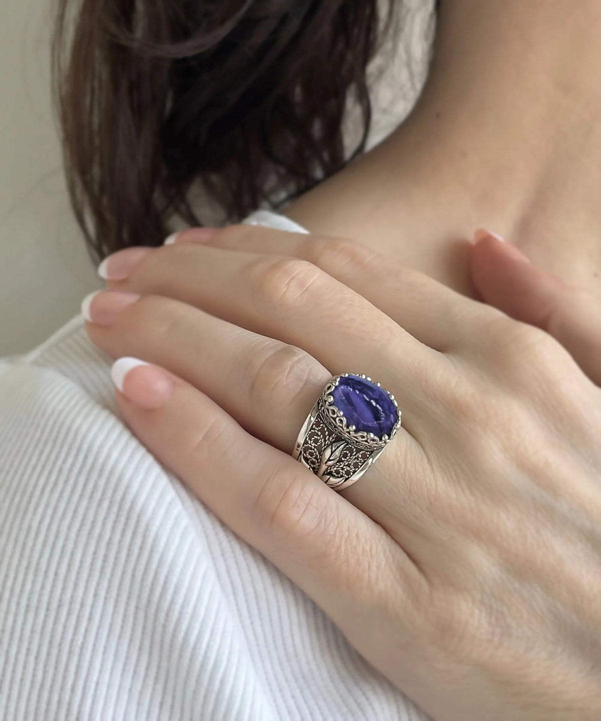 Filigree Art Charoite Gemstone Tulip Detailed Silver Women Statement Ring - Drakoi Marketplace