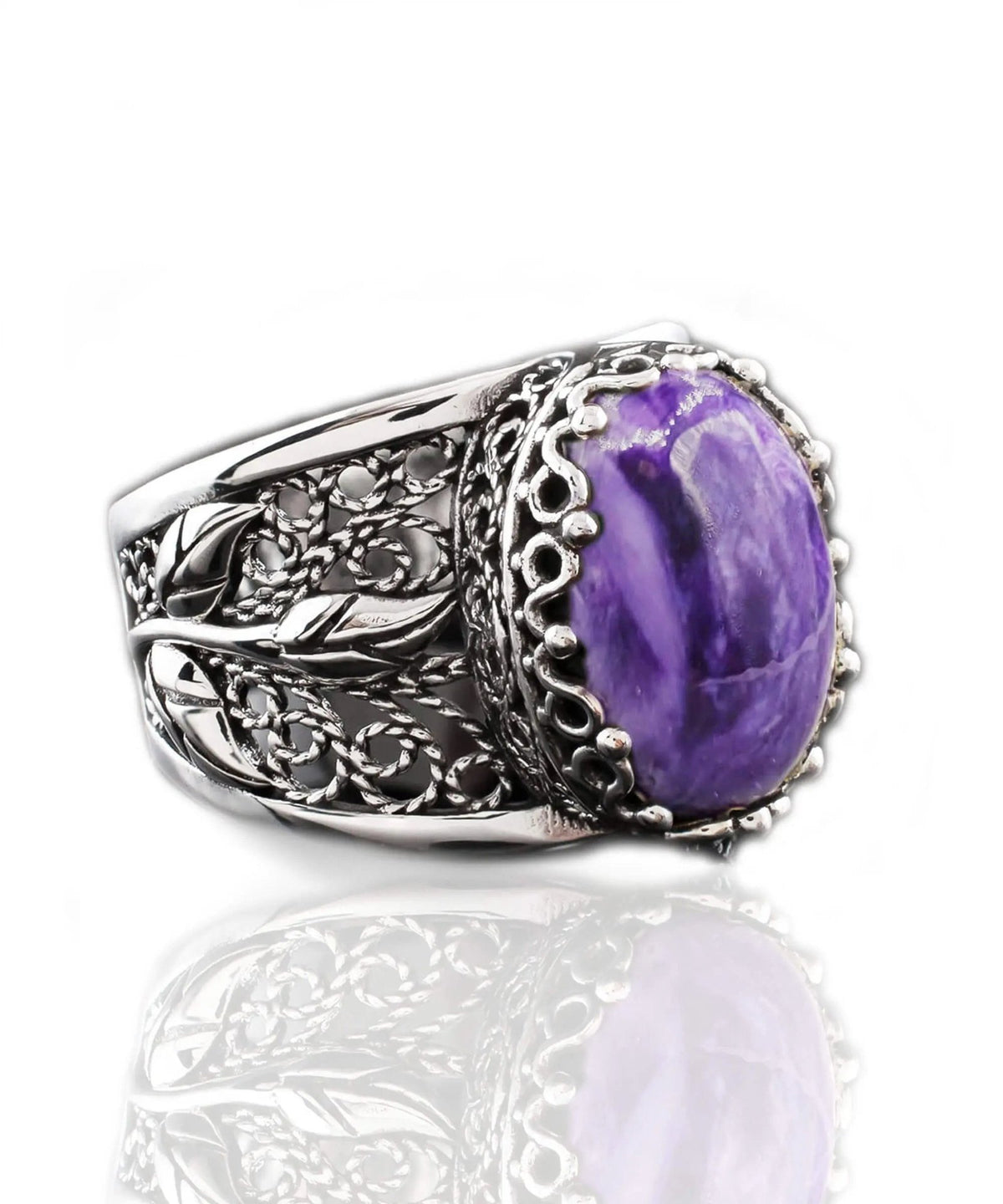 Filigree Art Charoite Gemstone Tulip Detailed Silver Women Statement Ring - Drakoi Marketplace