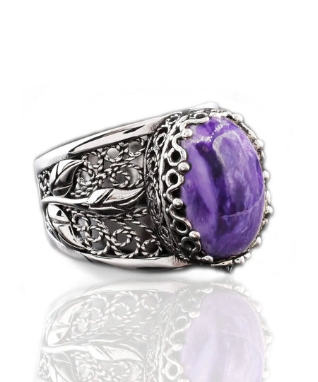 Filigree Art Charoite Gemstone Tulip Detailed Silver Women Statement Ring - Drakoi Marketplace