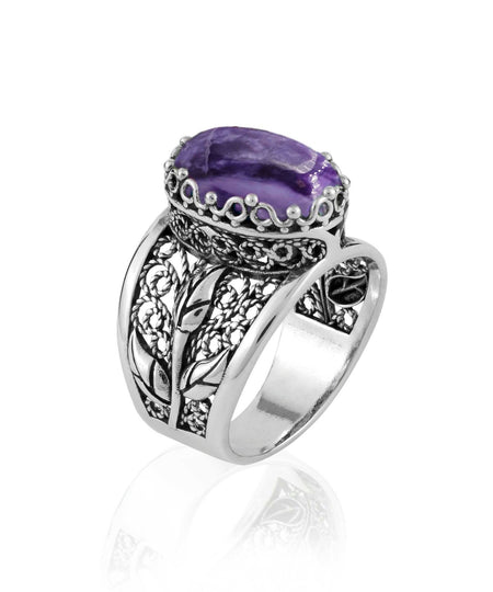 Filigree Art Charoite Gemstone Tulip Detailed Silver Women Statement Ring - Drakoi Marketplace