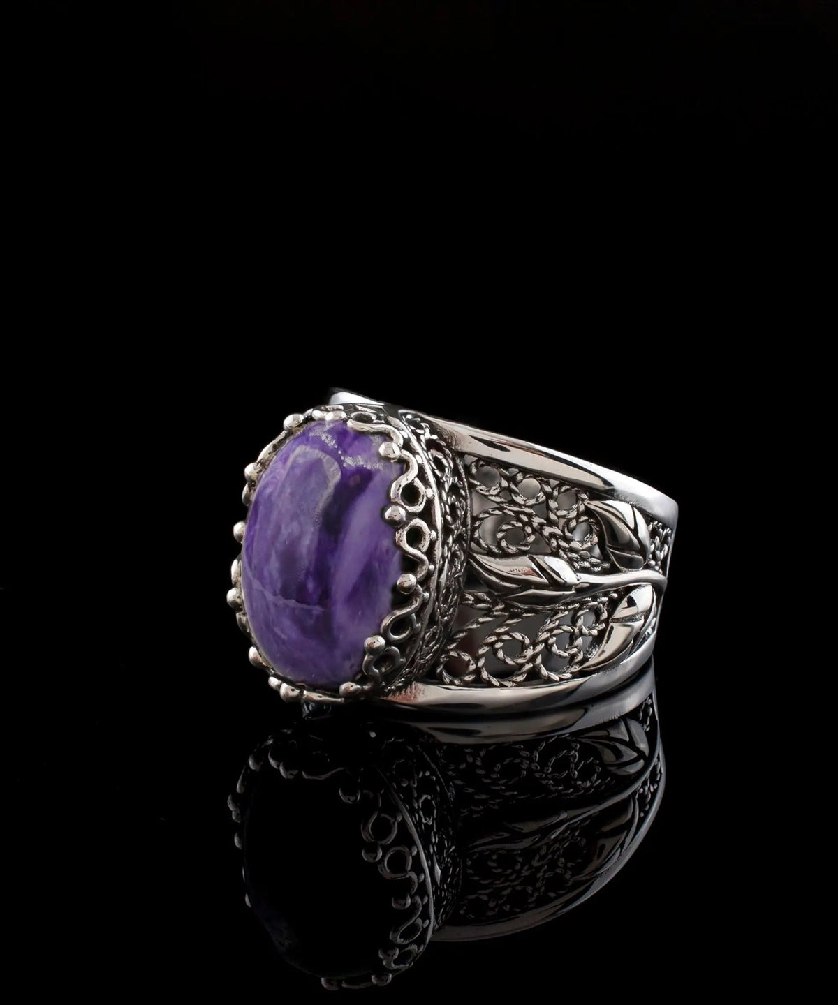 Filigree Art Charoite Gemstone Tulip Detailed Silver Women Statement Ring - Drakoi Marketplace