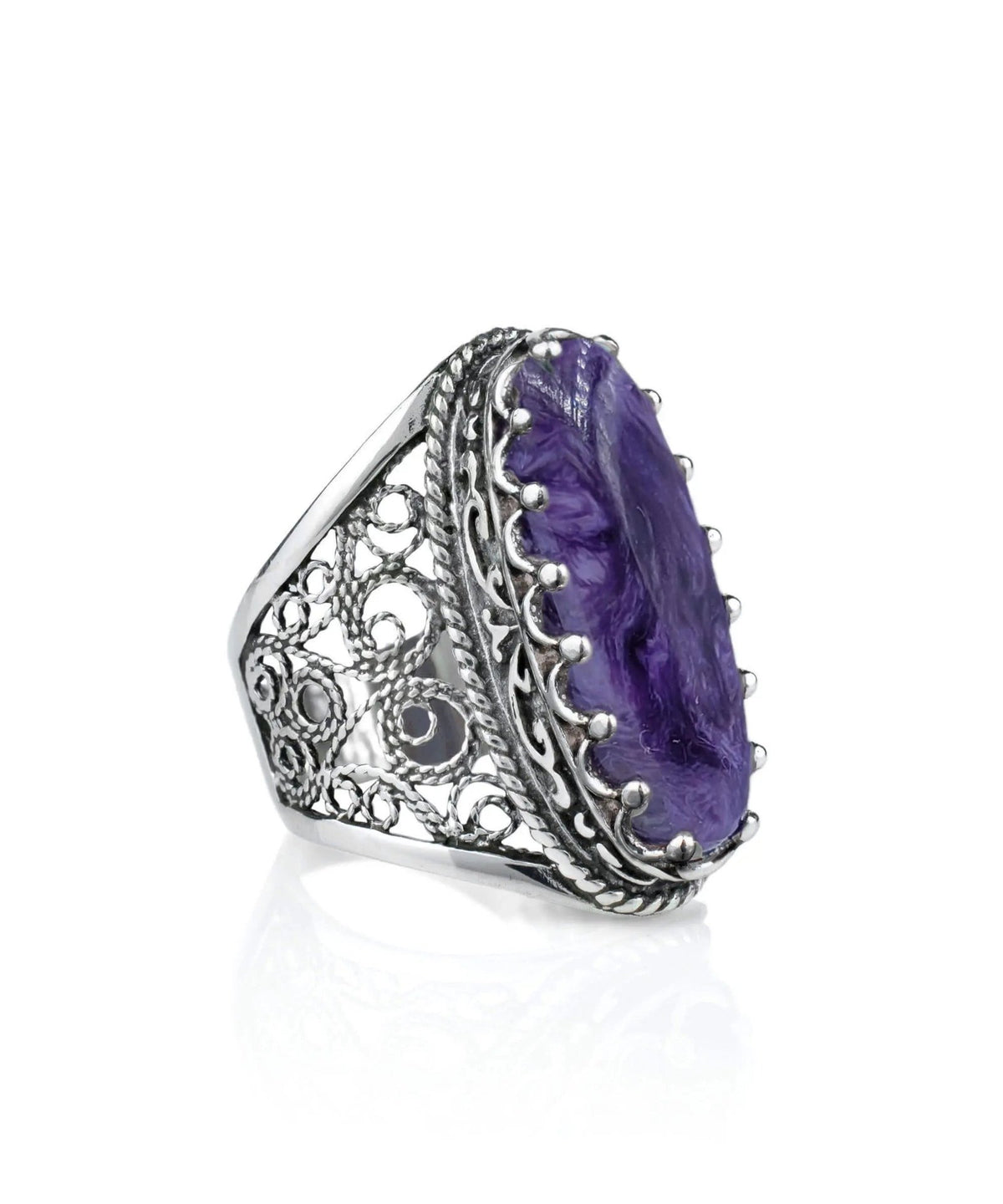 Filigree Art Charoite Gemstone Women Silver Long Statement Ring - Drakoi Marketplace