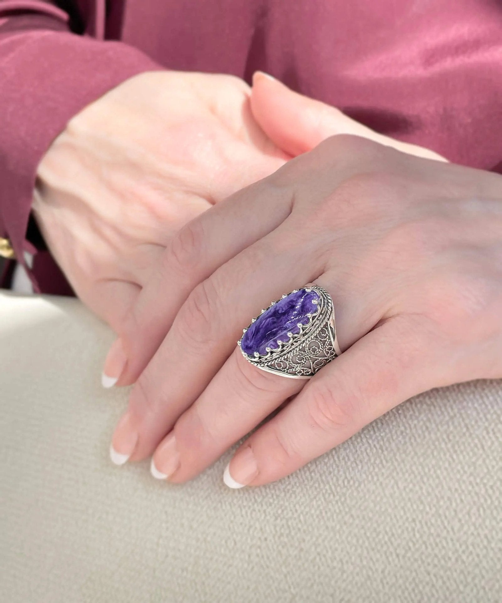 Filigree Art Charoite Gemstone Women Silver Long Statement Ring - Drakoi Marketplace