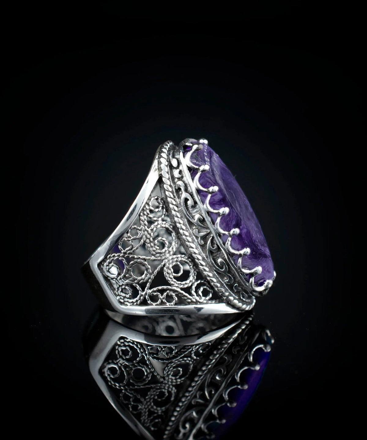 Filigree Art Charoite Gemstone Women Silver Long Statement Ring - Drakoi Marketplace