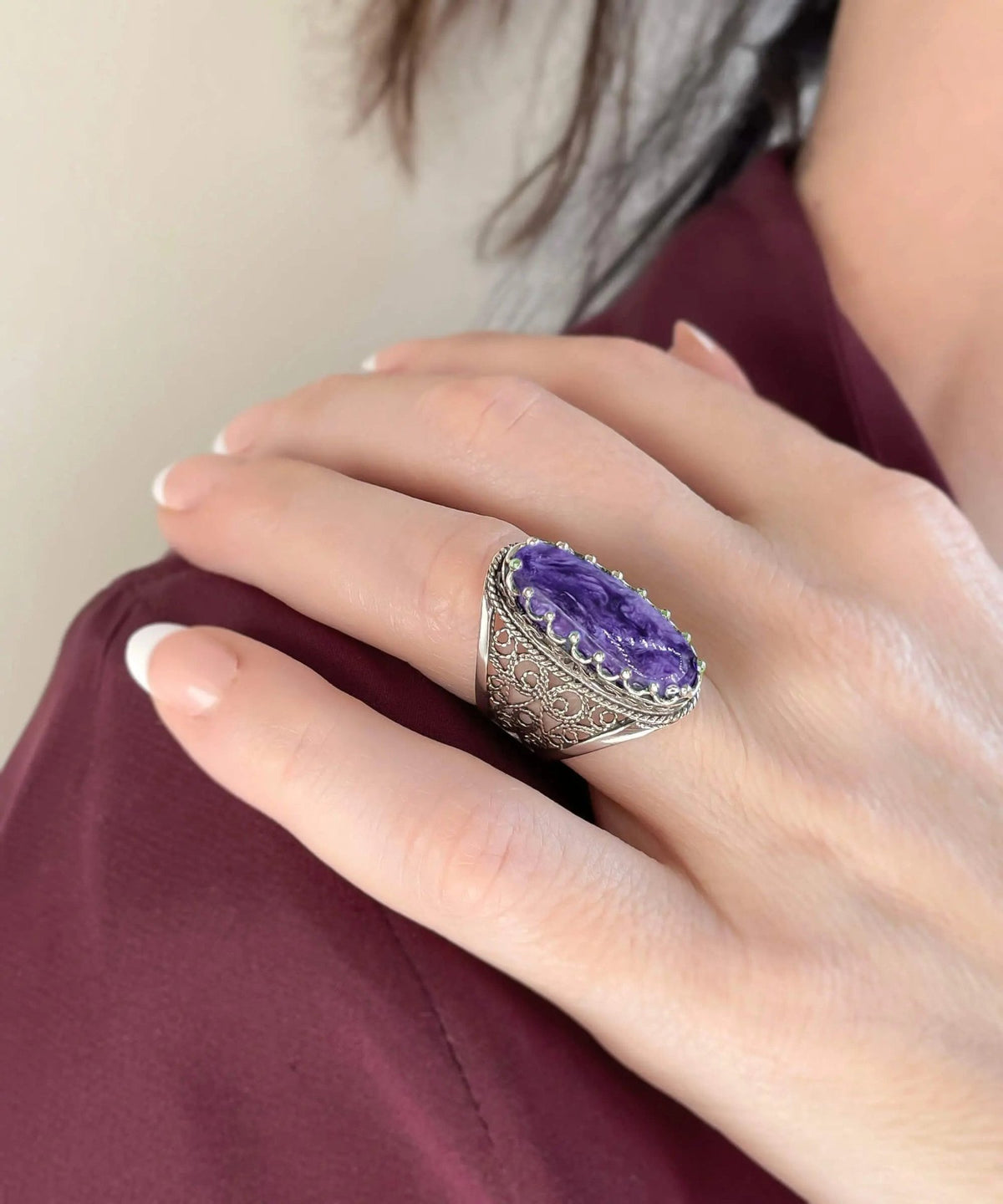 Filigree Art Charoite Gemstone Women Silver Long Statement Ring - Drakoi Marketplace