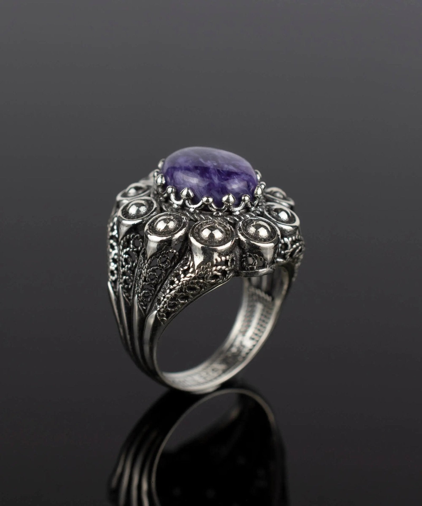 Filigree Art Charoite Gemstone Women Statement Dome Ring - Drakoi Marketplace