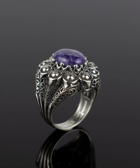 Filigree Art Charoite Gemstone Women Statement Dome Ring - Drakoi Marketplace