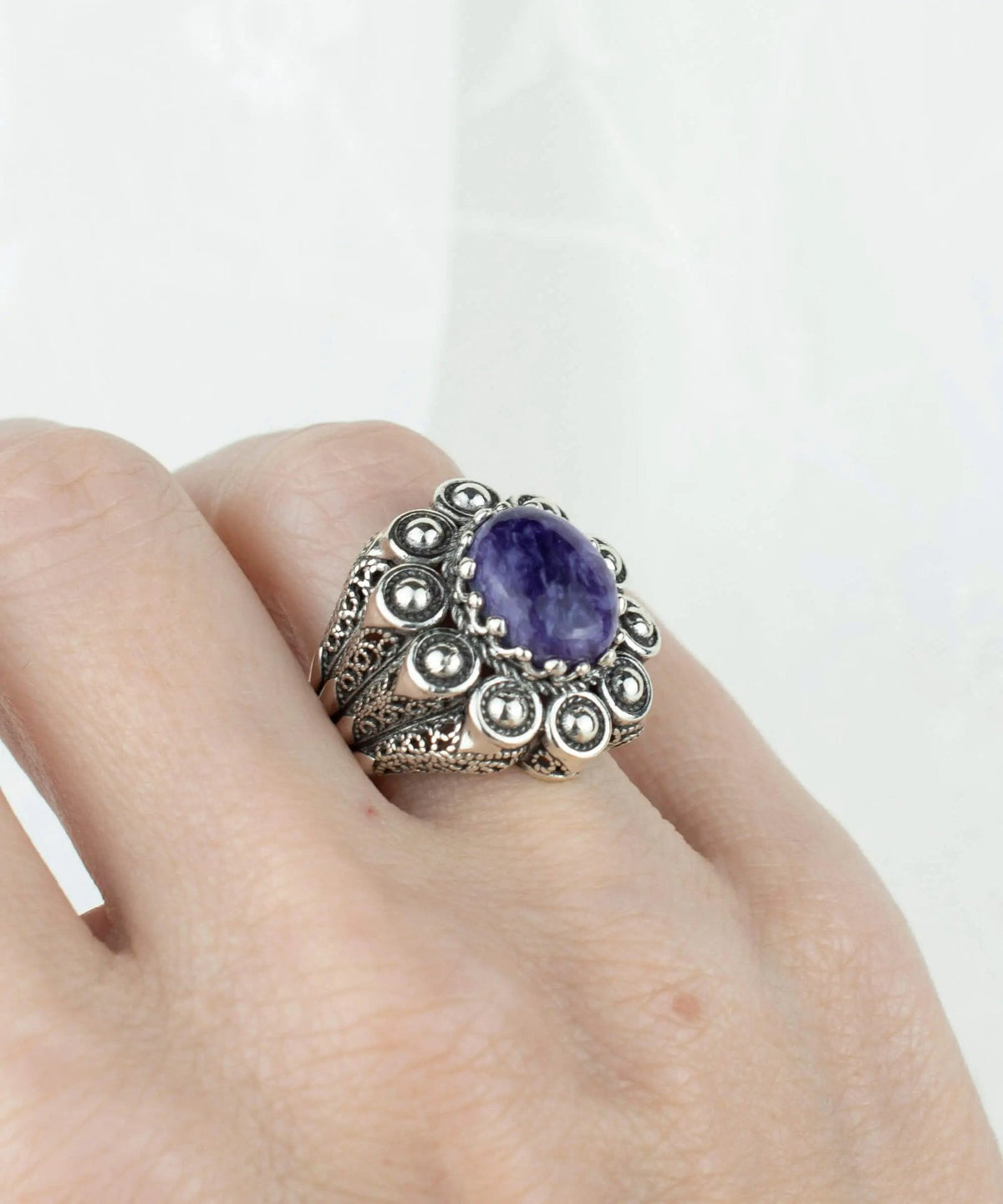 Filigree Art Charoite Gemstone Women Statement Dome Ring - Drakoi Marketplace