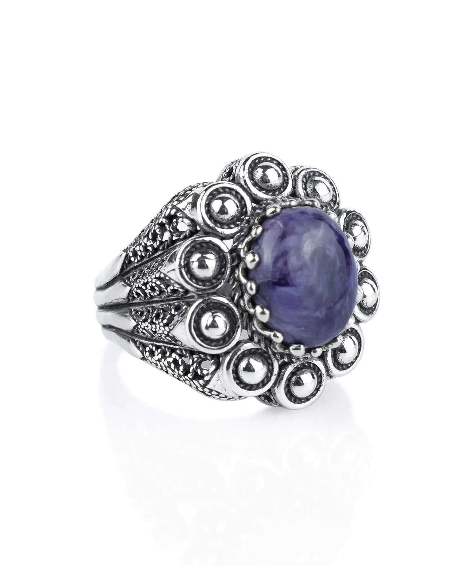 Filigree Art Charoite Gemstone Women Statement Dome Ring - Drakoi Marketplace