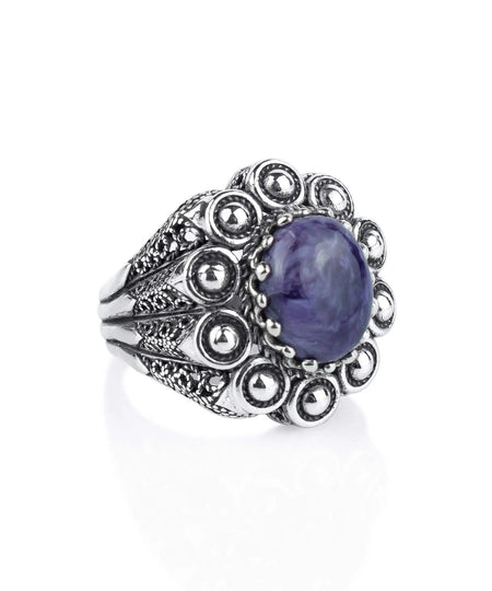 Filigree Art Charoite Gemstone Women Statement Dome Ring - Drakoi Marketplace