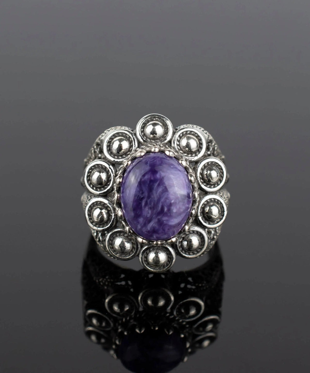 Filigree Art Charoite Gemstone Women Statement Dome Ring - Drakoi Marketplace