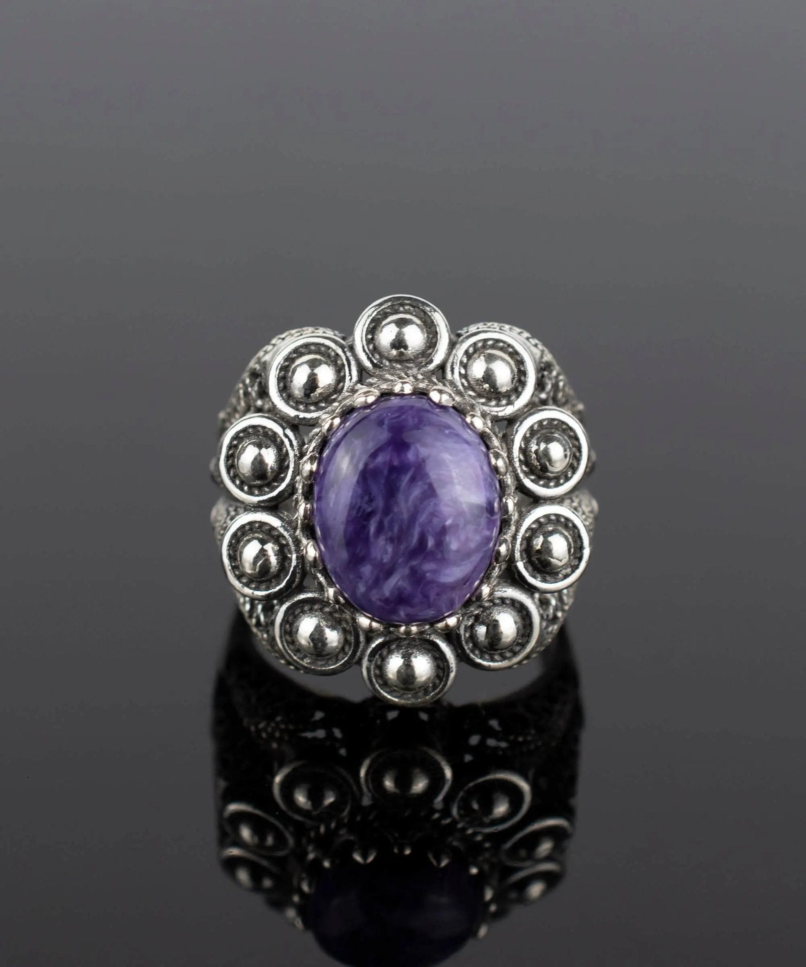 Filigree Art Charoite Gemstone Women Statement Dome Ring - Drakoi Marketplace