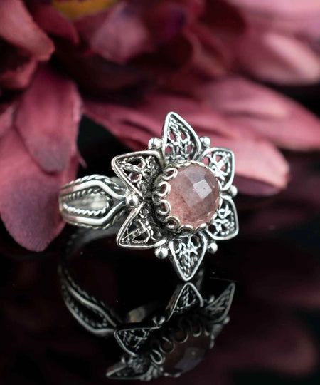 Filigree Art Cherry Quartz Gemstone Daisy Flower Women Silver Cocktail Ring - Drakoi Marketplace