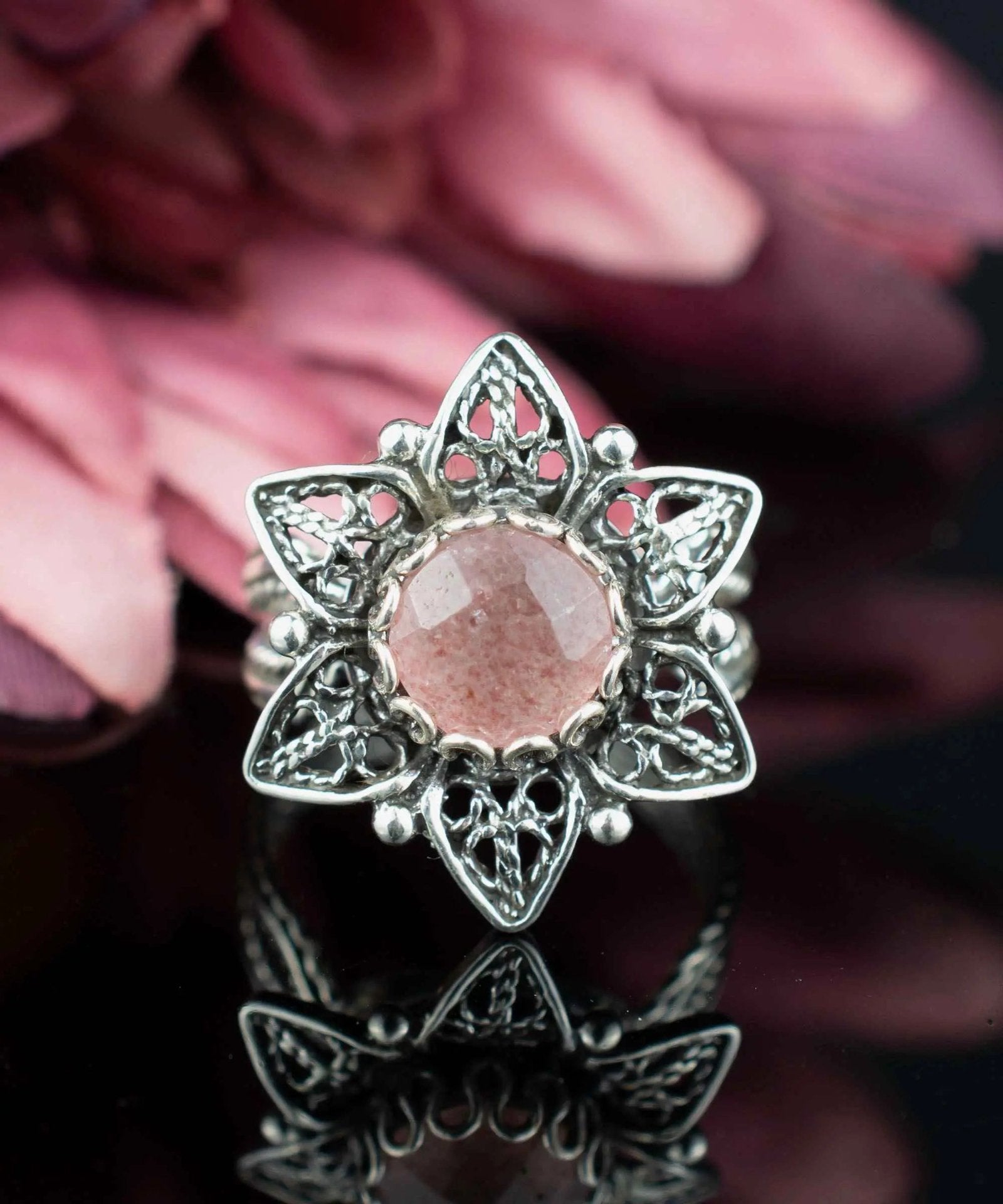 Filigree Art Cherry Quartz Gemstone Daisy Flower Women Silver Cocktail Ring - Drakoi Marketplace