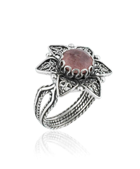 Filigree Art Cherry Quartz Gemstone Daisy Flower Women Silver Cocktail Ring - Drakoi Marketplace