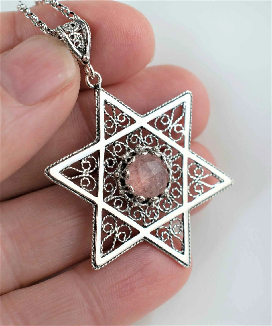 Filigree Art Cherry Quartz Gemstone Star of David Women Silver Pendant Necklace - Drakoi Marketplace