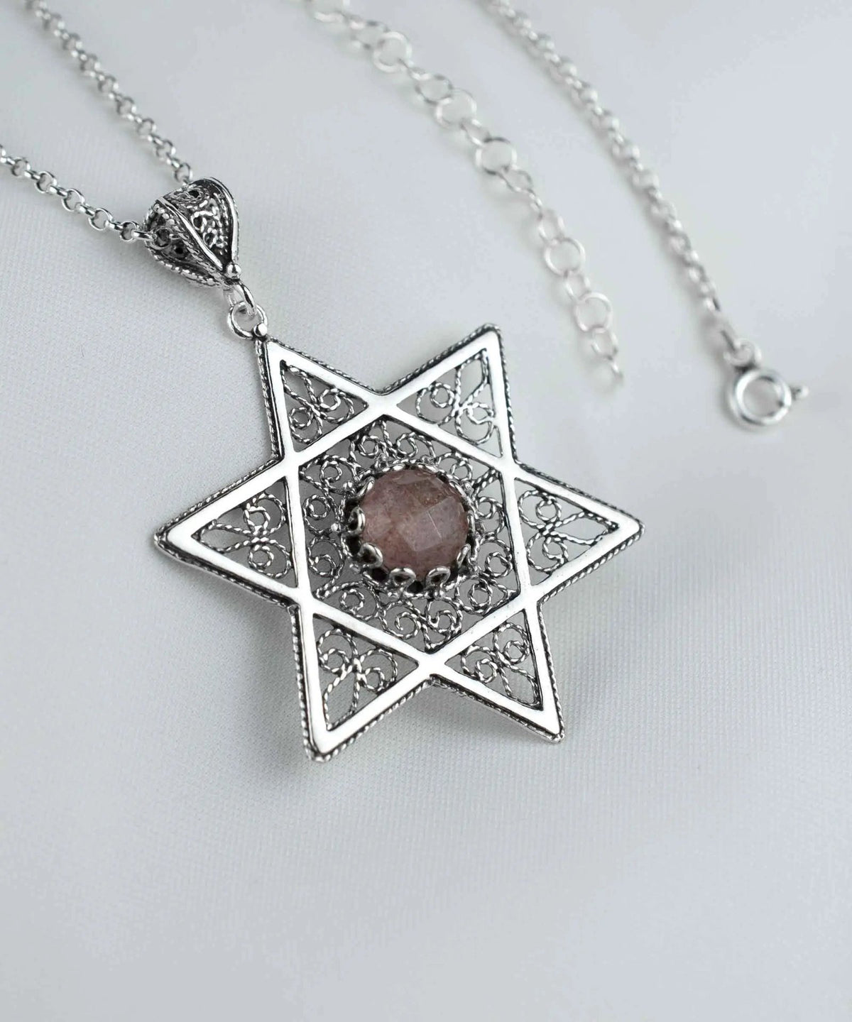 Filigree Art Cherry Quartz Gemstone Star of David Women Silver Pendant Necklace - Drakoi Marketplace