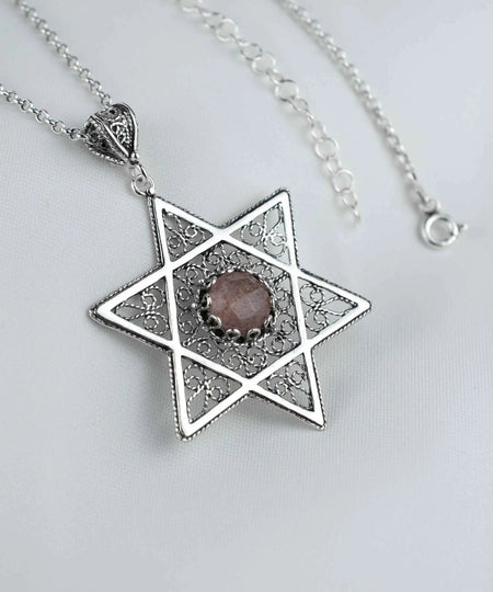 Filigree Art Cherry Quartz Gemstone Star of David Women Silver Pendant Necklace - Drakoi Marketplace