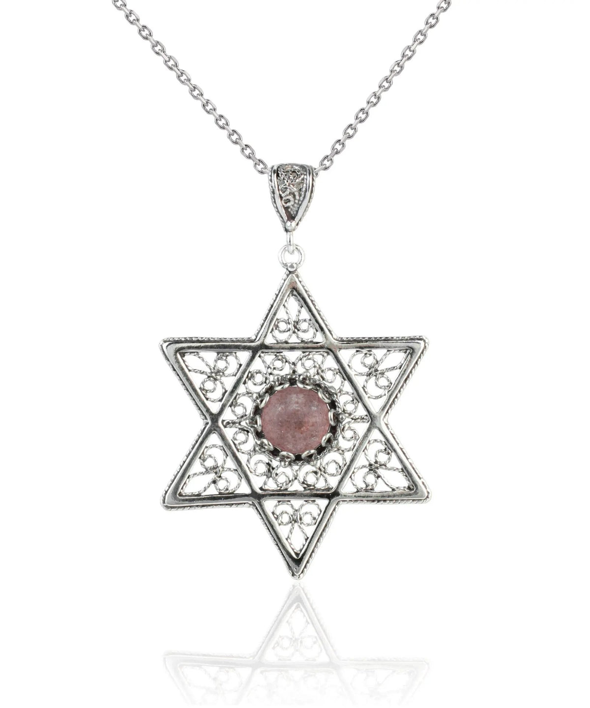 Filigree Art Cherry Quartz Gemstone Star of David Women Silver Pendant Necklace - Drakoi Marketplace