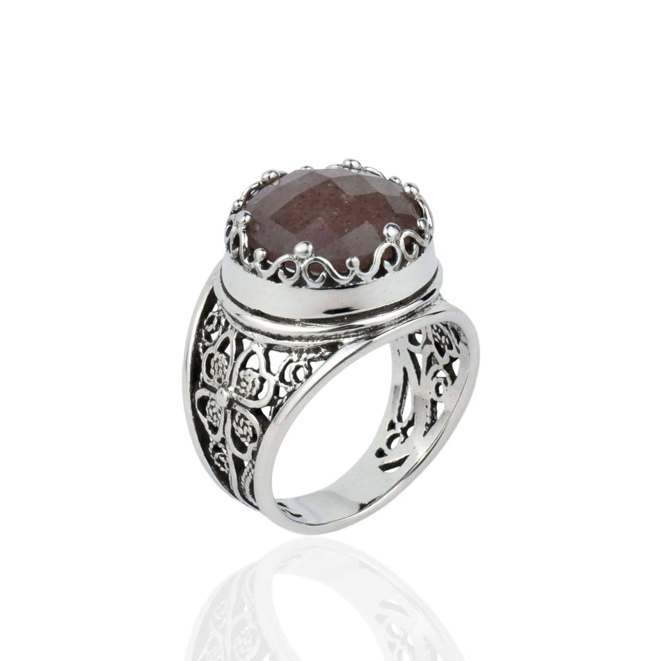 Filigree Art Cherry Quartz Gemstone Women Crown Silver Statement Ring - Drakoi Marketplace