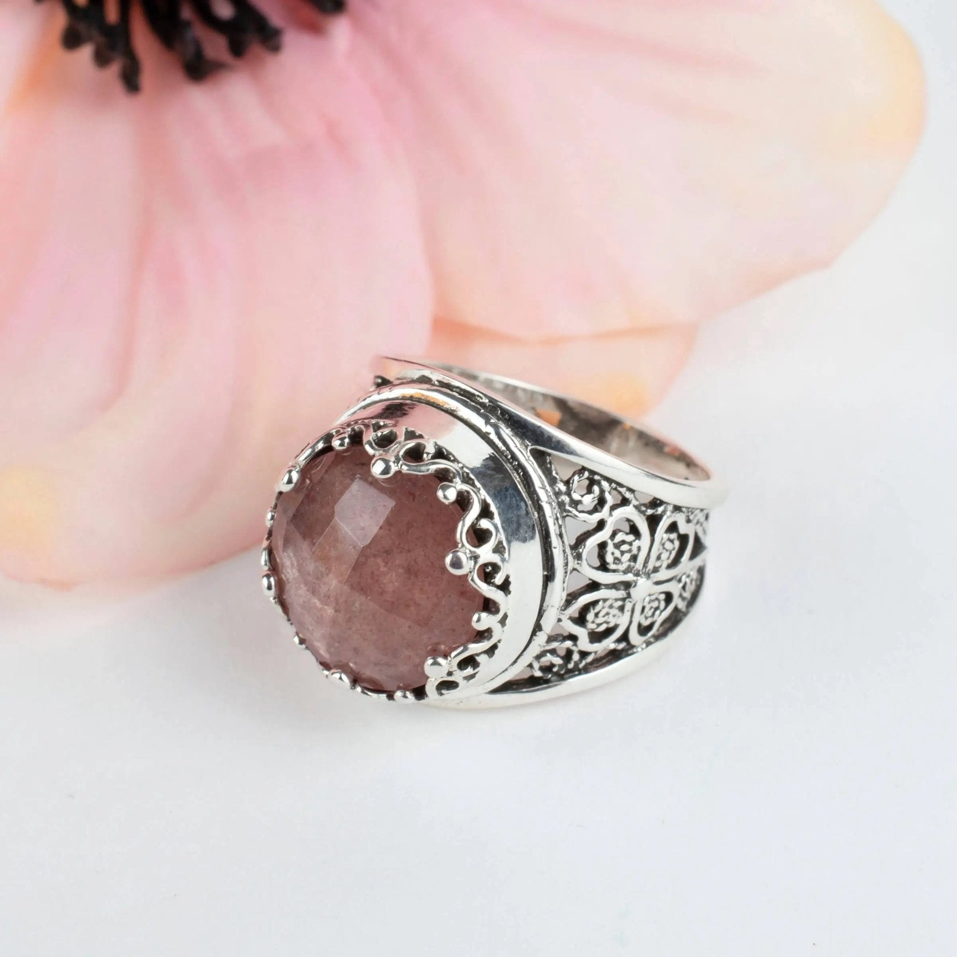 Filigree Art Cherry Quartz Gemstone Women Crown Silver Statement Ring - Drakoi Marketplace