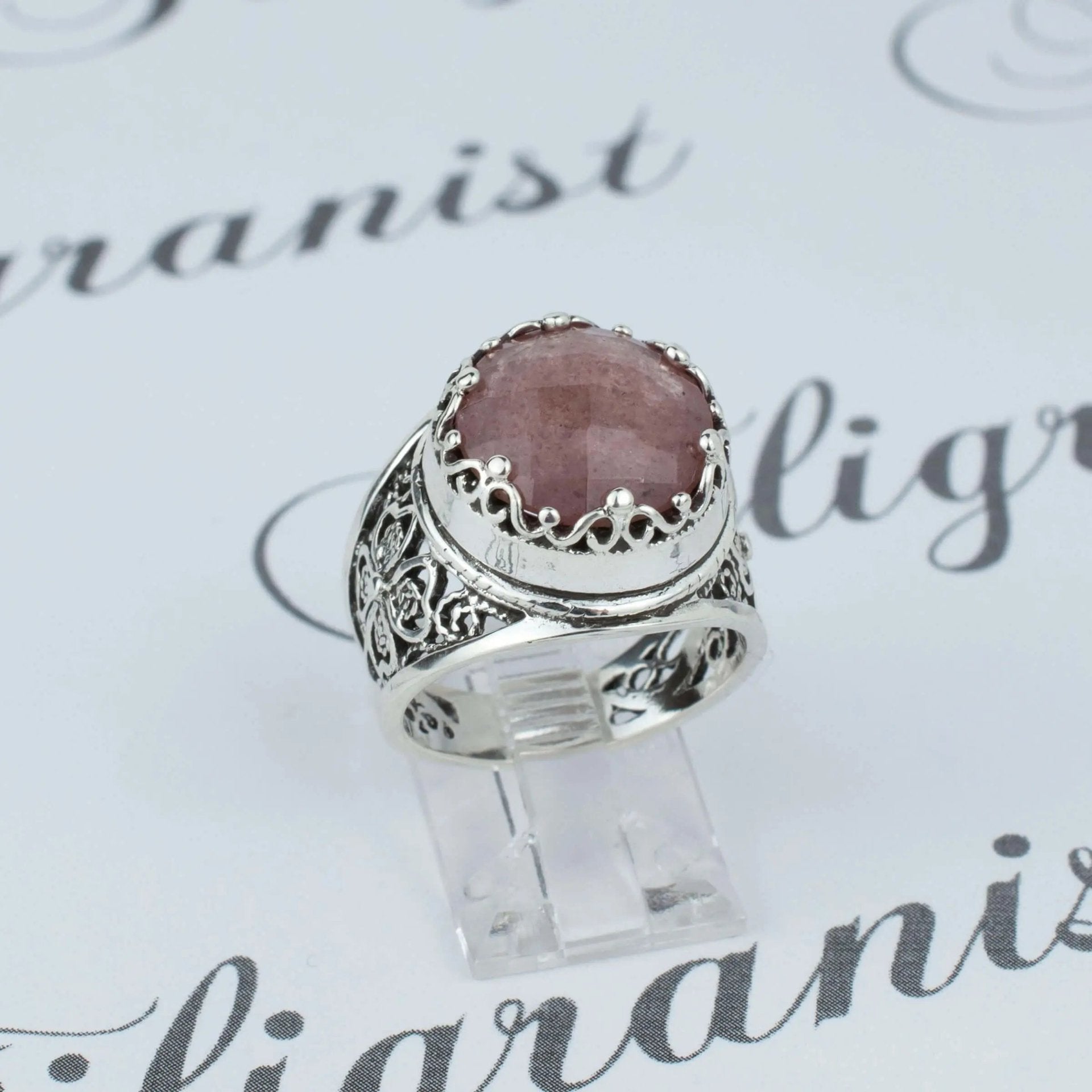 Filigree Art Cherry Quartz Gemstone Women Crown Silver Statement Ring - Drakoi Marketplace